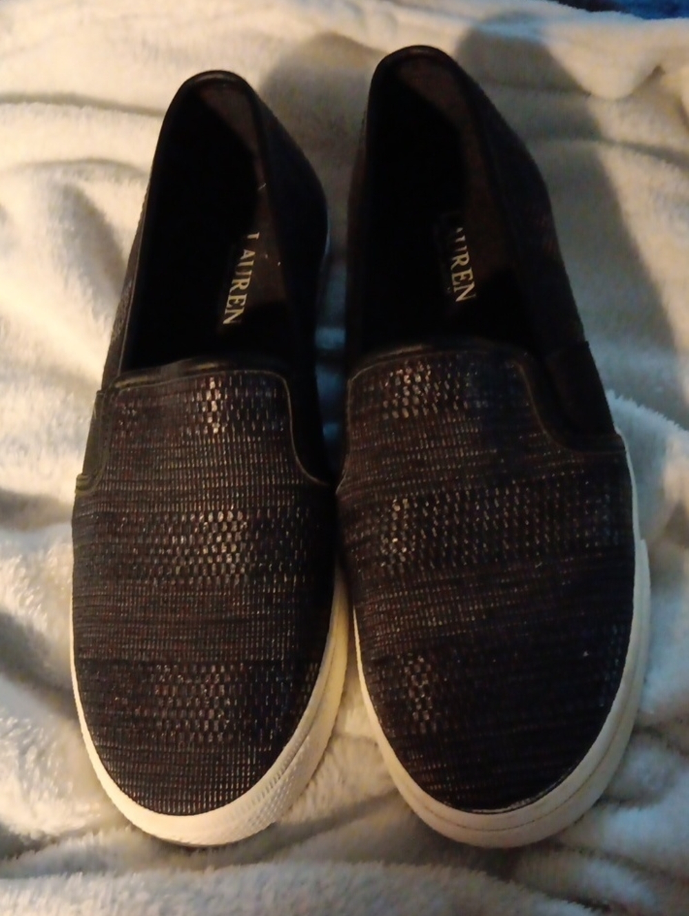 Ralph Lauren Black Slip-On Woven Knit Sneakers with White Sole